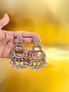 Gold-Tone Peach Stone Chandbali Earrings